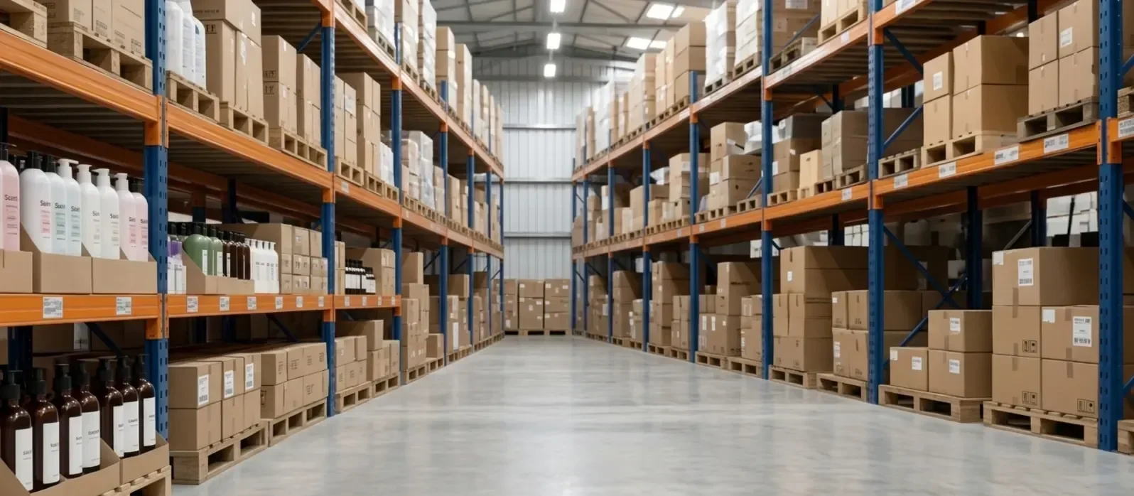 Warehouse aisle stocked with wholesale inventory