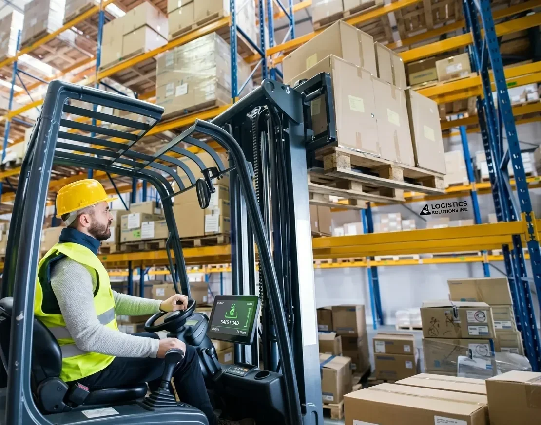 Warehouse worker operating a forklift among stocked pallets